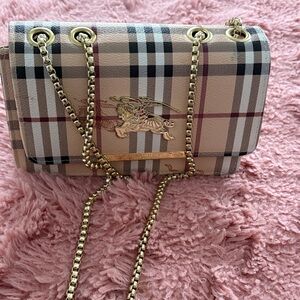 Burberry Beige Plaid Crossbody Bag with Gold Chain